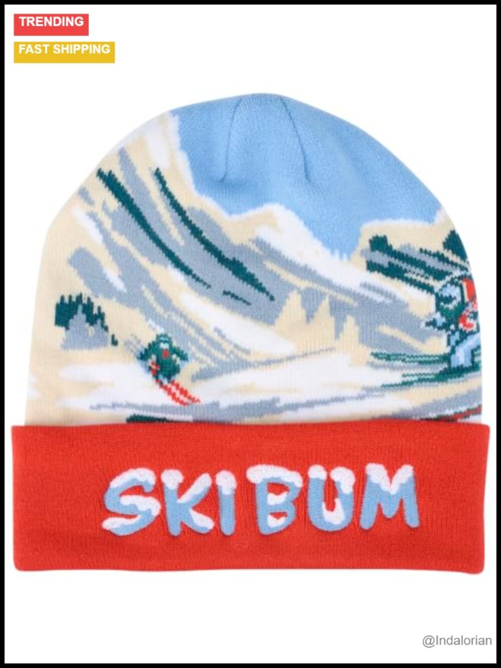 Knit Ski Slope Scene Beanie with Embroidered 'Ski Bum' Cuff